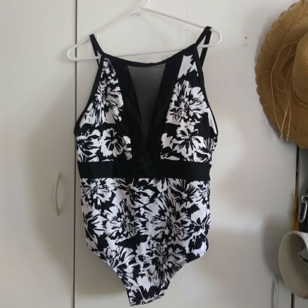 Floral black and white bathing suit one piece